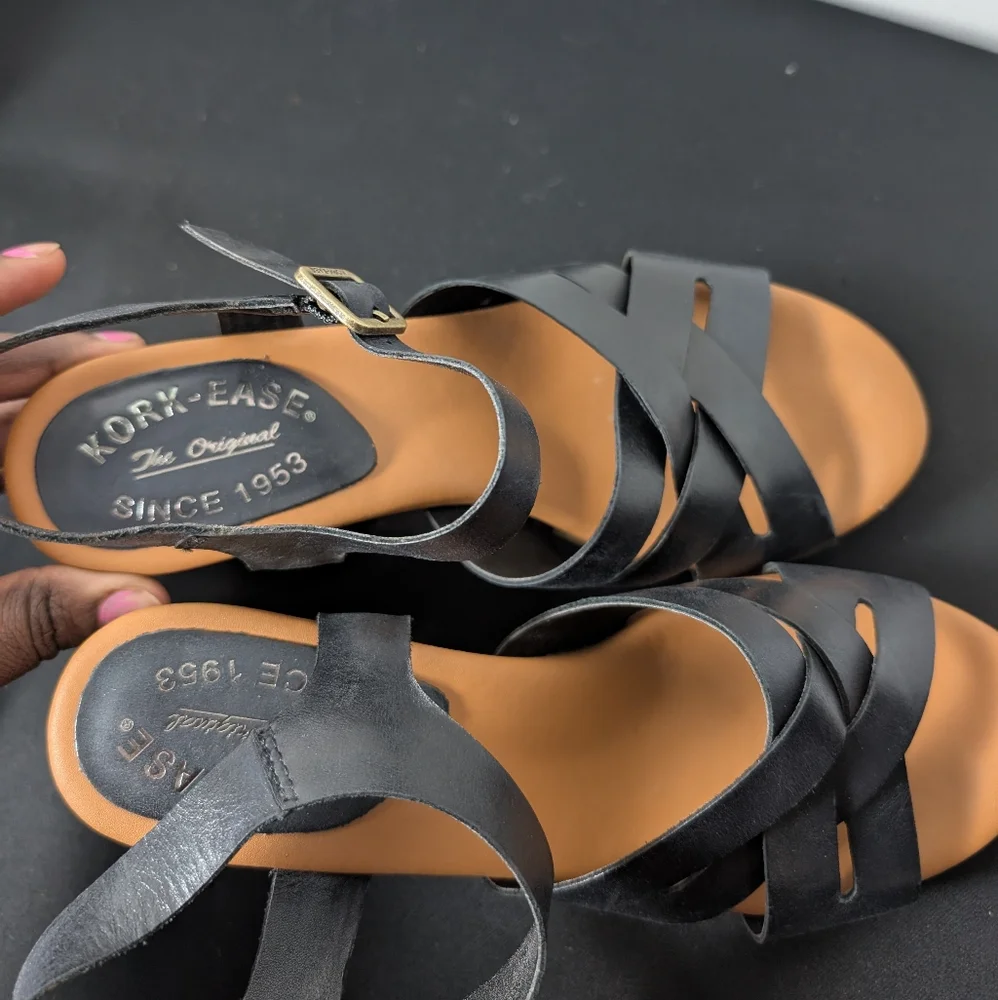 Kork Ease Heel Sandals Hutton Black Cross Strappy Leather Chunky Block Sz 7 - Picture 9 of 14